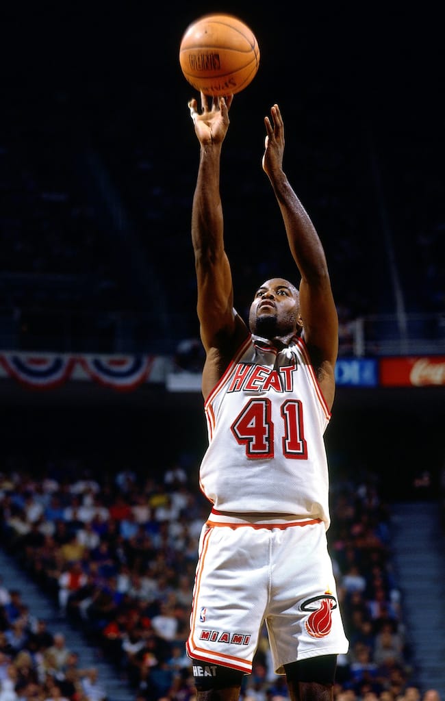 MIAMI - MAY 3: Glen Rice #41 of the Miami Heat shoots a jumper against the Atlanta Hawks in Game Three of the Eastern Conference Quarterfinals during the 1994 NBA Playoffs at Miami Arena on May 3, 1994 in Miami, Florida. The Heat won 90-86. NOTE TO USER: User expressly acknowledges that, by downloading and or using this photograph, User is consenting to the terms and conditions of the Getty Images License agreement. Mandatory Copyright Notice: Copyright 1994 NBAE (Photo by Nathaniel S. Butler/NBAE via Getty Images)